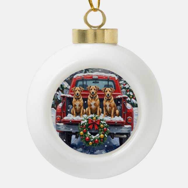 Biewer Terrier Christmas Red Truck Holiday Ceramic Ball Christmas Ornament (Front)