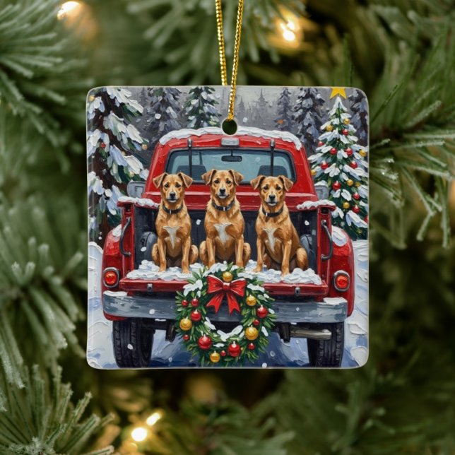 Biewer Terrier Christmas Red Truck Holiday Ceramic Ornament (Tree)