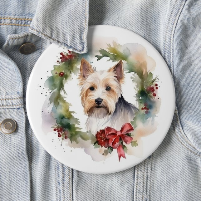 Biewer Terrier Christmas Wreath Festive Pup  6 Cm Round Badge (In Situ)