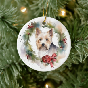 Biewer Terrier Christmas Wreath Festive Pup  Ceramic Ornament