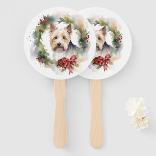 Biewer Terrier Christmas Wreath Festive Pup  Hand Fan