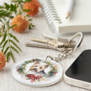 Biewer Terrier Christmas Wreath Festive Pup  Key Ring