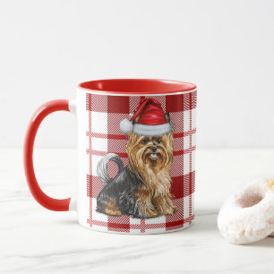 Biewer Terrier Dog and a Red Holiday Plaid Mug