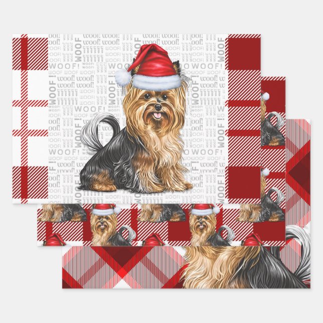 Biewer Terrier Dog and Red Plaid Holiday Wrapping Paper Sheet (Set)