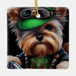 Biewer Terrier Dog Driving Bike St. Patrick's Day Ceramic Ornament