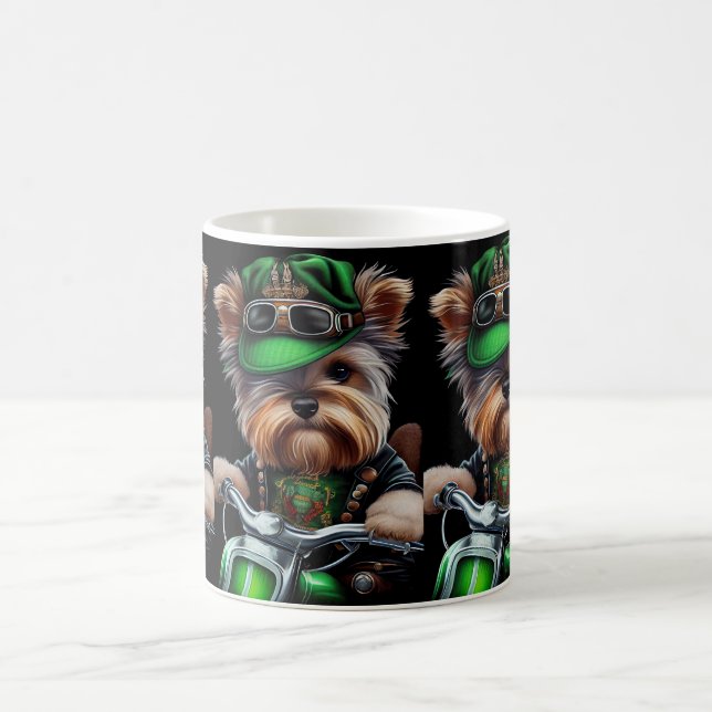 Biewer Terrier Dog Driving Bike St. Patrick's Day Coffee Mug (Center)