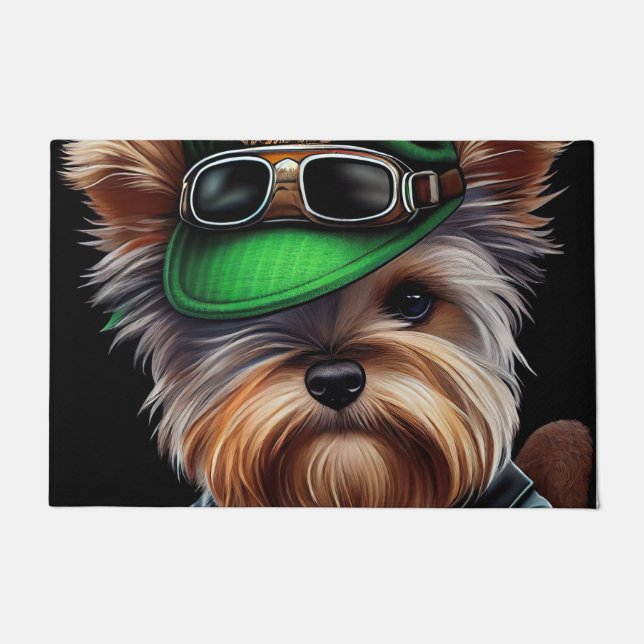 Biewer Terrier Dog Driving Bike St. Patrick's Day Doormat (Front)