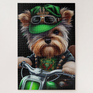 Biewer Terrier Dog Driving Bike St. Patrick's Day Jigsaw Puzzle
