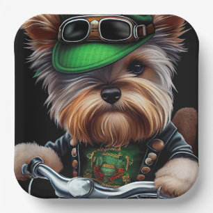 Biewer Terrier Dog Driving Bike St. Patrick's Day  Paper Plate