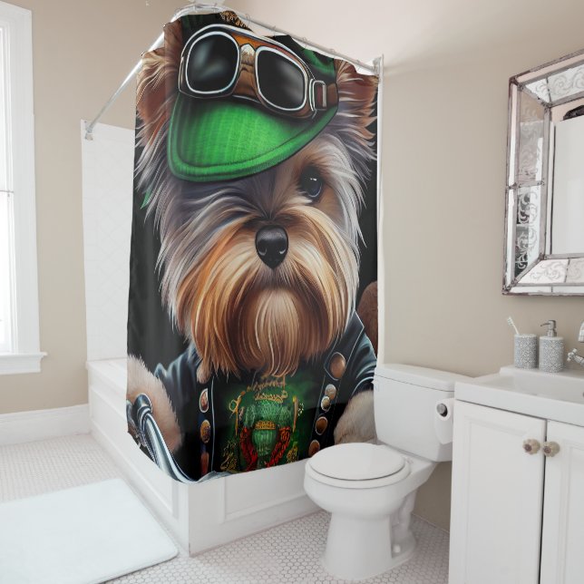 Biewer Terrier Dog Driving Bike St. Patrick's Day Shower Curtain (In Situ)