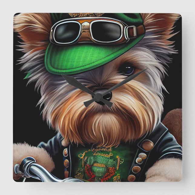 Biewer Terrier Dog Driving Bike St. Patrick's Day Square Wall Clock (Front)