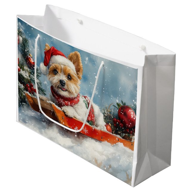Biewer Terrier Dog in Sledge Let it Snow Christmas Large Gift Bag (Front Angled)