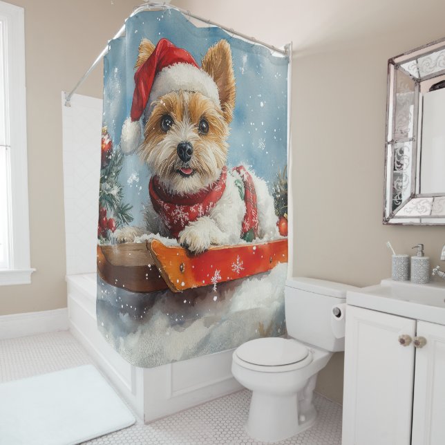 Biewer Terrier Dog in Sledge Let it Snow Christmas Shower Curtain (In Situ)