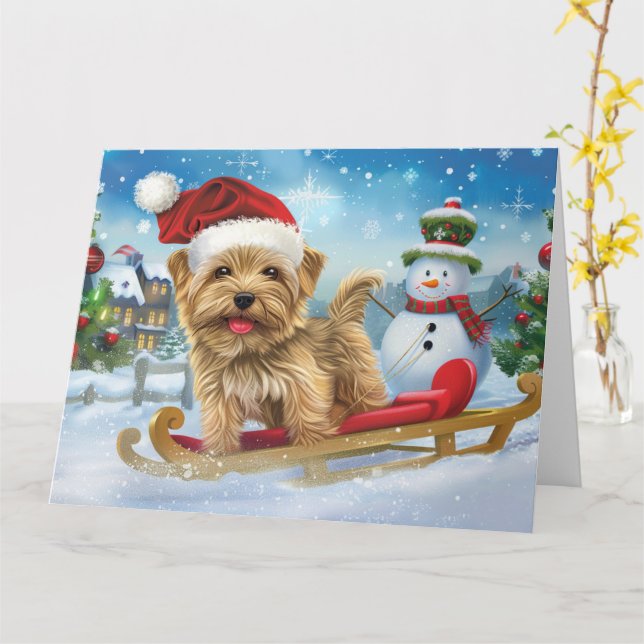 Biewer Terrier Dog in Sleigh Snow Christmas Card (Yellow Flower)