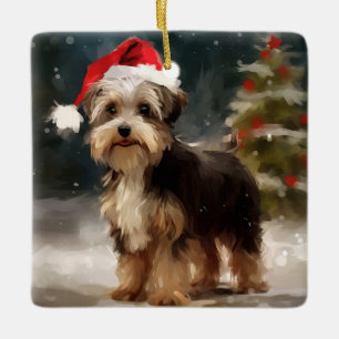 Biewer Terrier Dog in Snow Christmas Ceramic Ornament