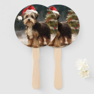 Biewer Terrier Dog in Snow Christmas  Hand Fan
