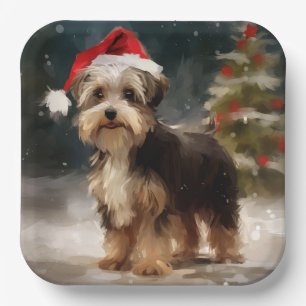 Biewer Terrier Dog in Snow Christmas Paper Plate