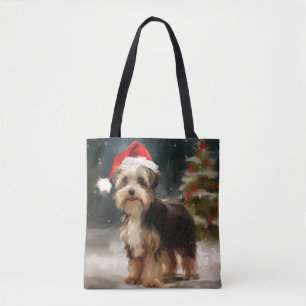 Biewer Terrier Dog in Snow Christmas Tote Bag