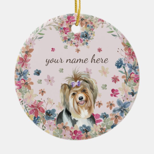 Biewer Terrier Dog Puppy flower print Ceramic Ornament (Front)