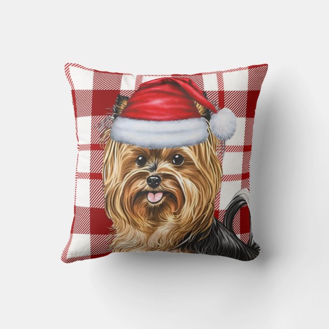 Biewer Terrier Dog Red Holiday Plaid Christmas Cushion (Back)