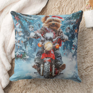 Biewer Terrier Dog Riding Motorcycle Christmas Cushion