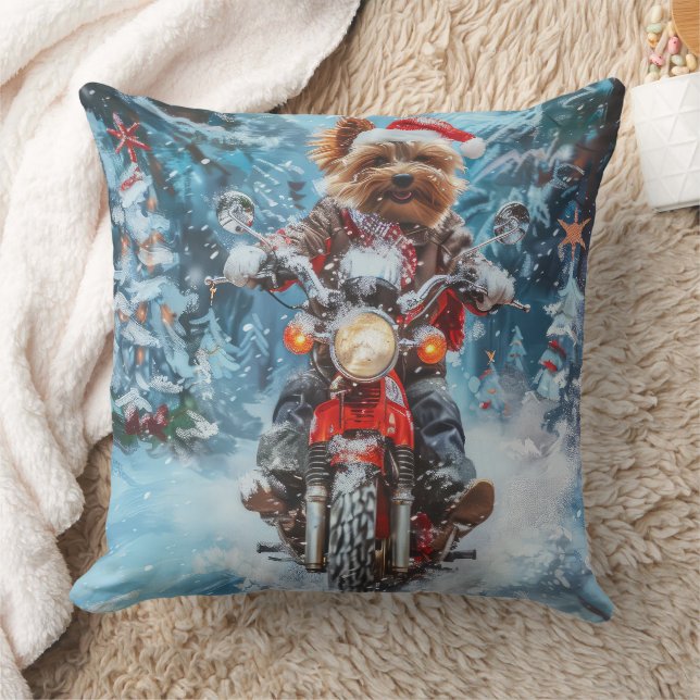 Biewer Terrier Dog Riding Motorcycle Christmas Cushion (Blanket)
