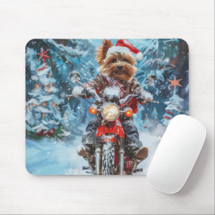 Biewer Terrier Dog Riding Motorcycle Christmas Mouse Pad