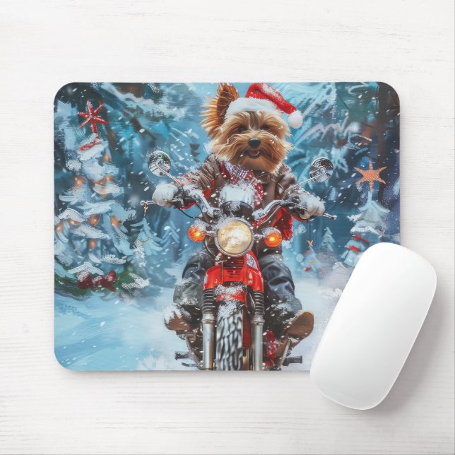 Biewer Terrier Dog Riding Motorcycle Christmas Mouse Pad (With Mouse)