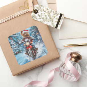 Biewer Terrier Dog Riding Motorcycle Christmas Square Sticker