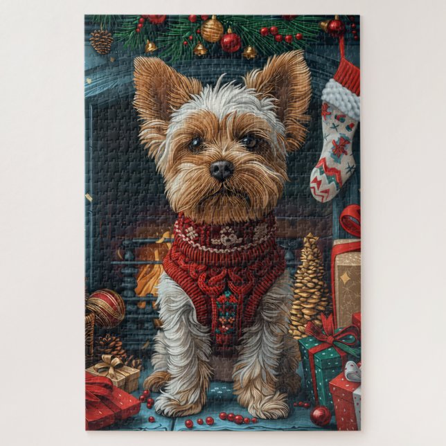 Biewer Terrier Dog with Christmas Gifts Fireplace Jigsaw Puzzle (Vertical)