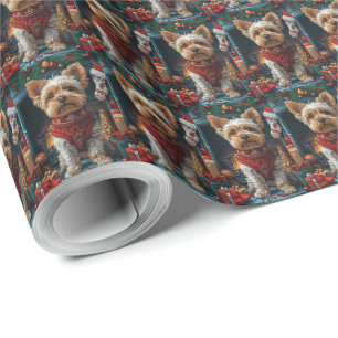 Biewer Terrier Dog with Christmas Gifts Fireplace Wrapping Paper