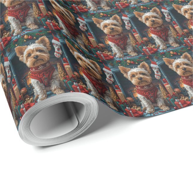 Biewer Terrier Dog with Christmas Gifts Fireplace Wrapping Paper (Roll Corner)