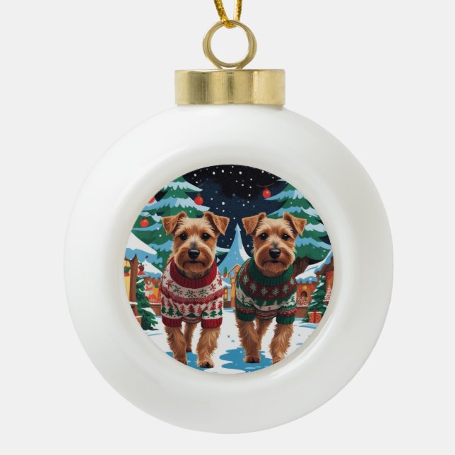 Biewer Terrier Dogs Christmas Snow Holiday Ceramic Ball Christmas Ornament (Front)