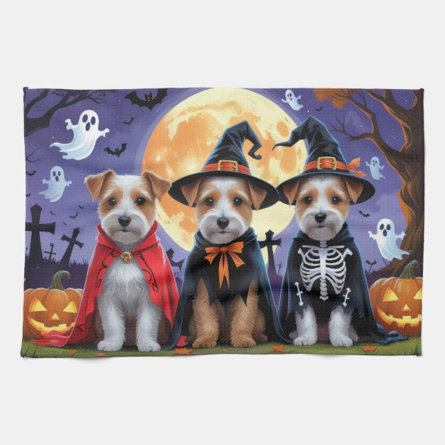 Biewer Terrier Dogs Pumpkin Halloween Funny Tea Towel (Horizontal)