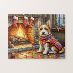 Biewer Terrier Fireplace with Christmas Lights Jigsaw Puzzle