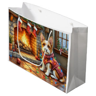 Biewer Terrier Fireplace with Christmas Lights Large Gift Bag