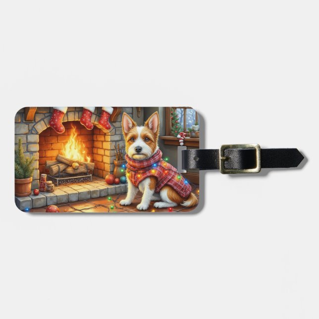 Biewer Terrier Fireplace with Christmas Lights Luggage Tag (Front Horizontal)