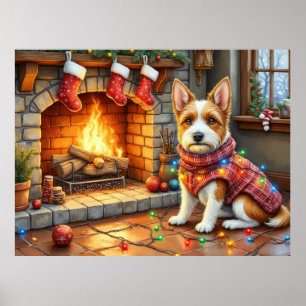 Biewer Terrier Fireplace with Christmas Lights Poster