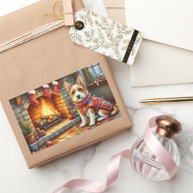 Biewer Terrier Fireplace with Christmas Lights Rectangular Sticker (Gifting)