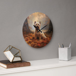 Biewer Terrier in Autumn Leaves Fall Inspire Large Clock