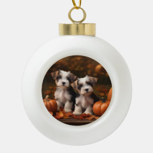 Biewer Terrier Puppy Autumn Delight Pumpkin  Ceramic Ball Christmas Ornament