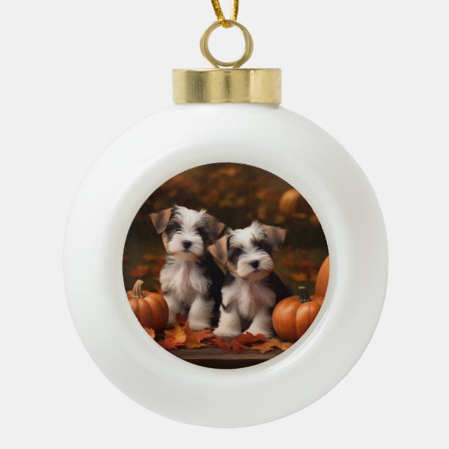 Biewer Terrier Puppy Autumn Delight Pumpkin  Ceramic Ball Christmas Ornament (Front)