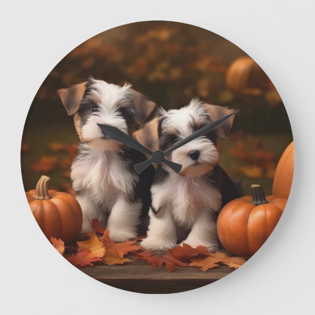 Biewer Terrier Puppy Autumn Delight Pumpkin  Large Clock (Front)