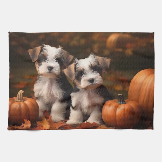 Biewer Terrier Puppy Autumn Delight Pumpkin  Tea Towel (Horizontal)