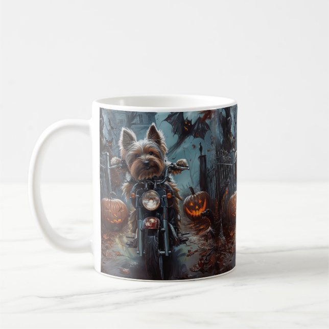 Biewer Terrier Riding Motorcycle Halloween Scary  Coffee Mug (Left)