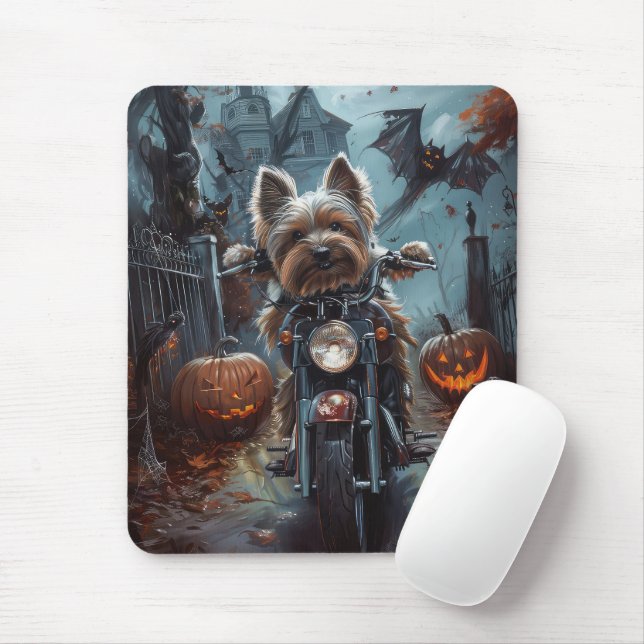 Biewer Terrier Riding Motorcycle Halloween Scary  Mouse Pad (With Mouse)