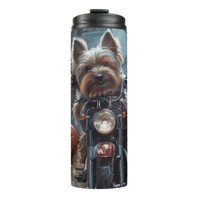 Biewer Terrier Riding Motorcycle Halloween Scary  Thermal Tumbler (Front)