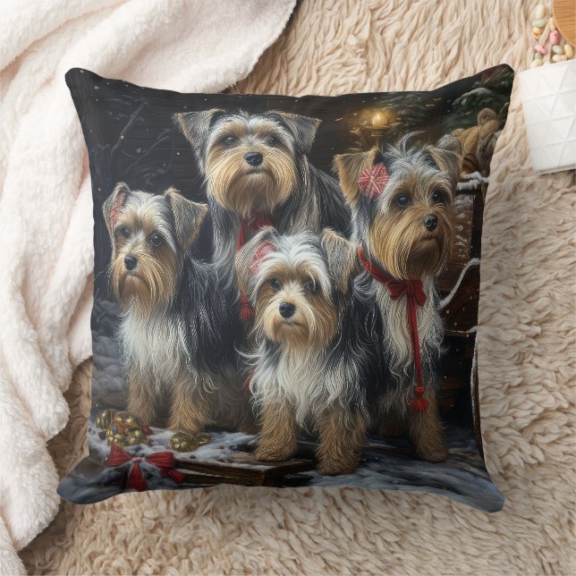 Biewer Terrier Snowy Sleigh Christmas Decor Cushion (Blanket)