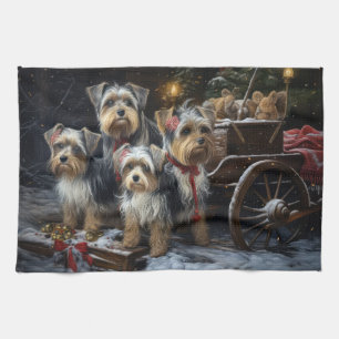 Biewer Terrier Snowy Sleigh Christmas Decor Tea Towel