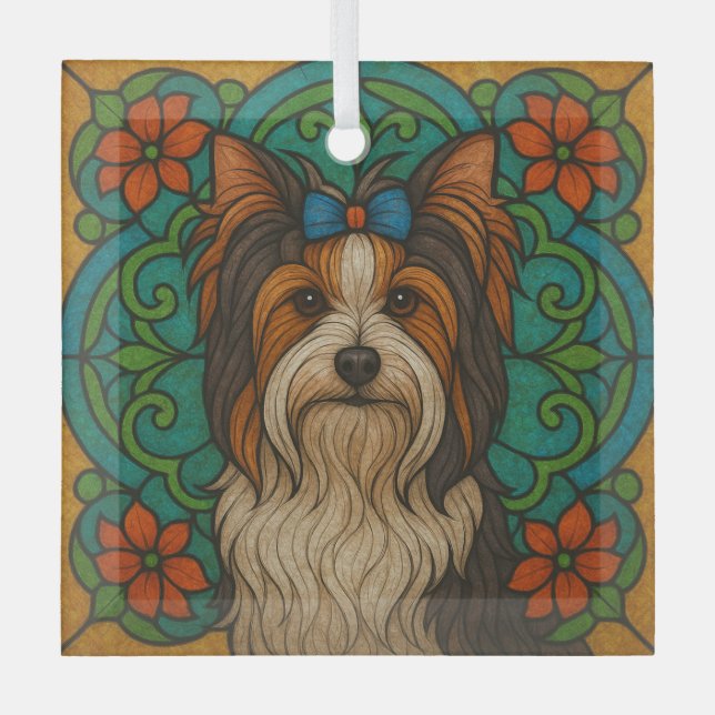 Biewer Terrier "Stained Glass"  Glass Tree Decoration (Front)
